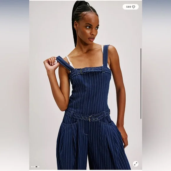Free People Flores Pin Stripes Wide Leg Vintage Denim Jumpsuit XS